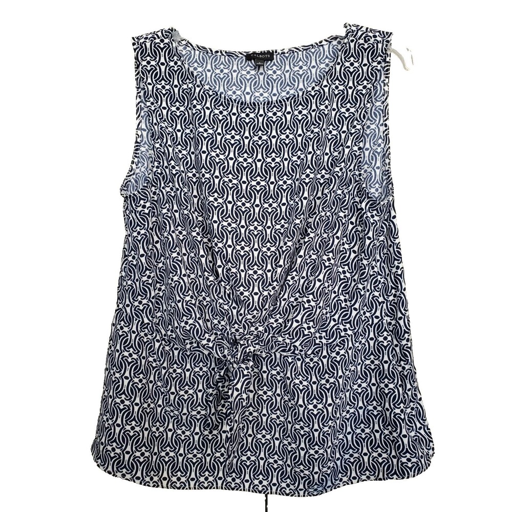 Talbots Blue Geometric Print Tie-Front Sleeveless Side-Zip Blouse Size Large